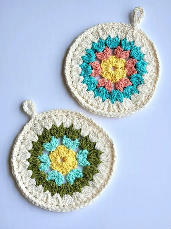 Round granny circle dishcloths.