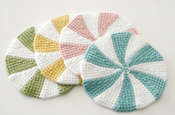Tunisian crochet dishcloths with a pinwheel design.