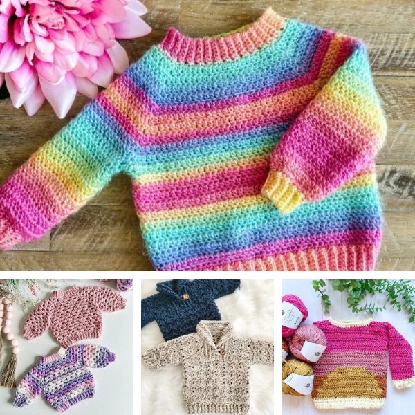 A collage image of kids' crochet sweater patterns.
