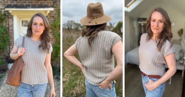 Three views of a crochet top worked in treble stitch.