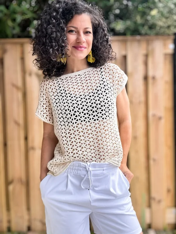 A lacy crochet top.