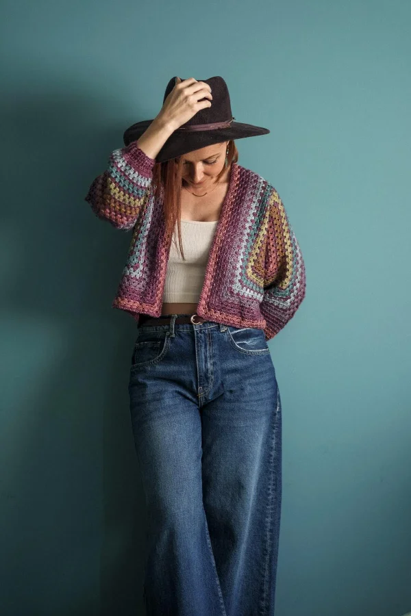 A cropped granny stitch hexagon cardigan.