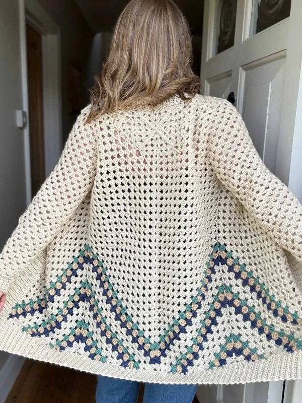 Back view of a granny stitch crochet cardigan.