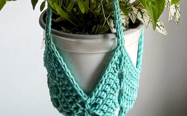 A turquoise, star-shaped crochet plant hanger.