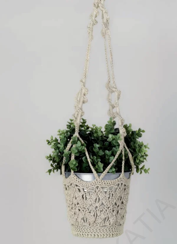 Lacy, beaded, crochet hanging pot.
